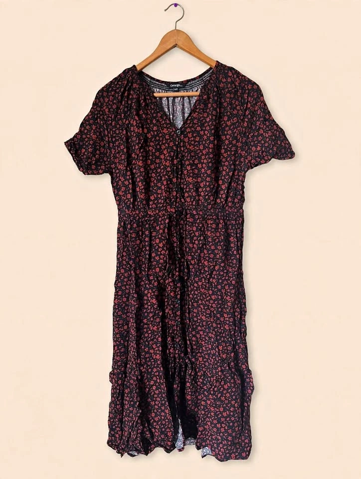 George Black & Red Floral Midi Dress – Short Sleeve – Size M