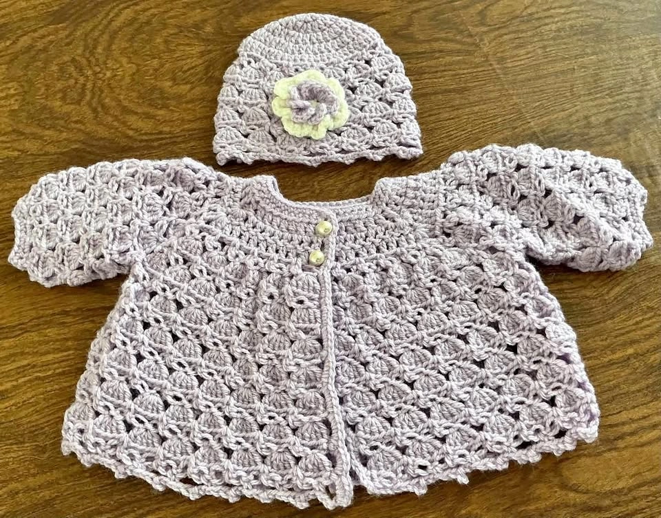 Handmade Crocheted Baby Sweater and Hat Set - Purple