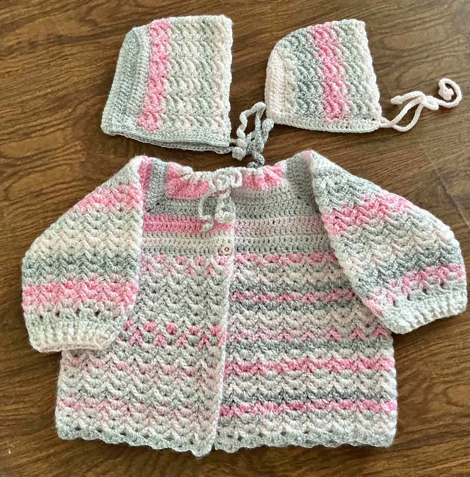 Handmade Crochet Baby Sweater and Bonnet Set