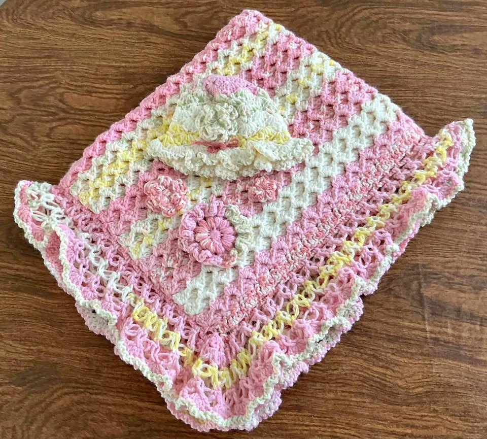 Handmade Crocheted Baby Blanket and Hat Set