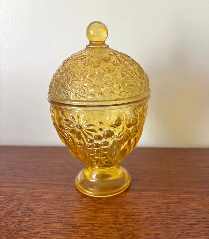 Vintage Avon Fostoria Amber Glass Lidded Candy Dish Harvest Patt
