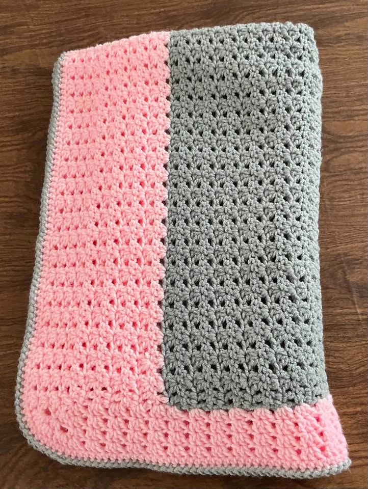 Handmade Crocheted Pink and Grey Blanket