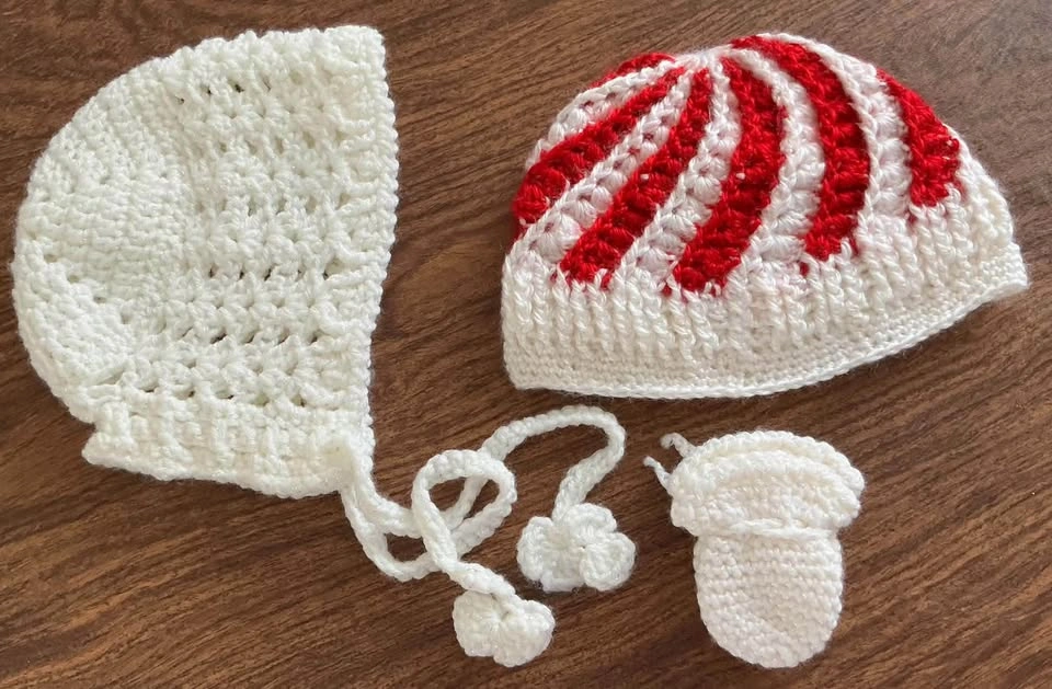 Handmade Crocheted Baby Hat and Mitten Set