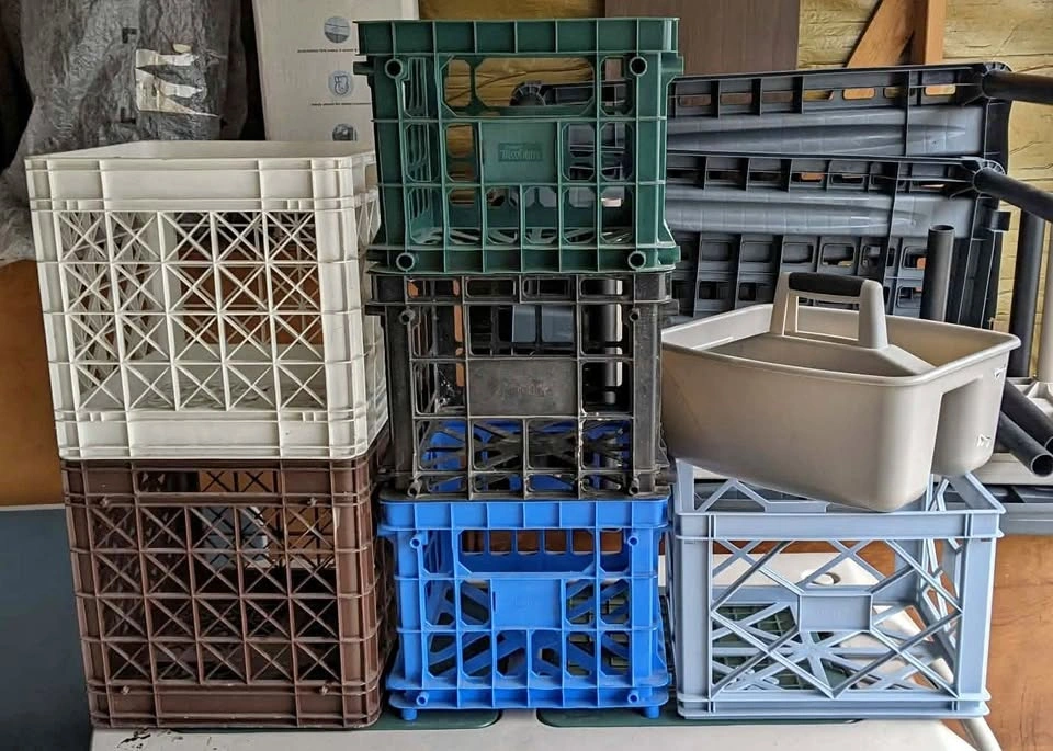 LOT OF 7 MILK FILE CRATES ITEM HOLDER