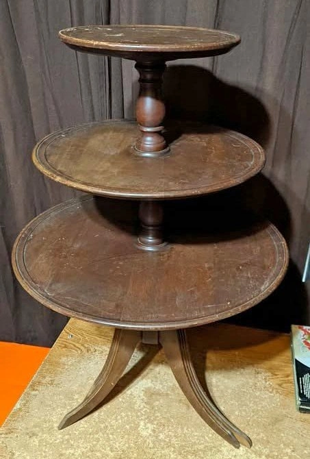 VINTAGE 3-TIER WOODEN DUMBWAITER PEDESTAL TABLE