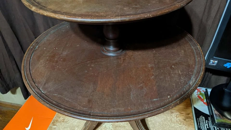 VINTAGE 3-TIER WOODEN DUMBWAITER PEDESTAL TABLE - photo 4
