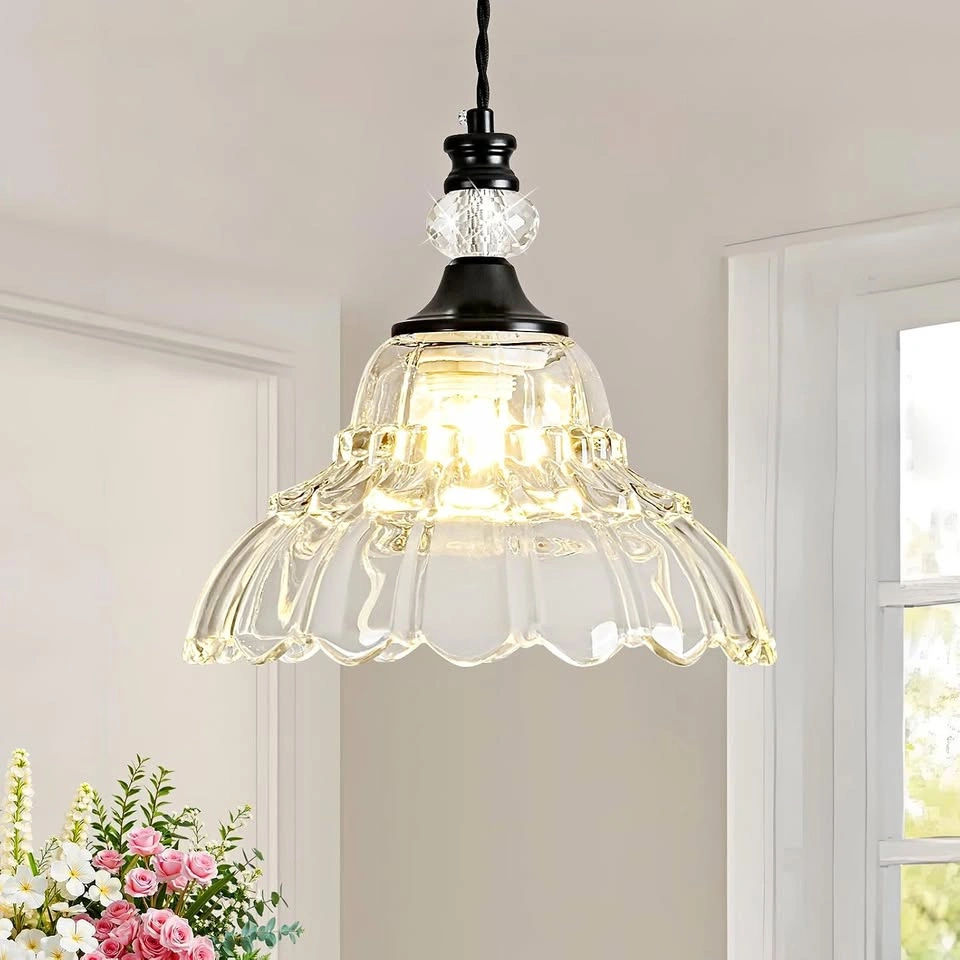 Matte Black Flower-Shaped Glass Pendant Light