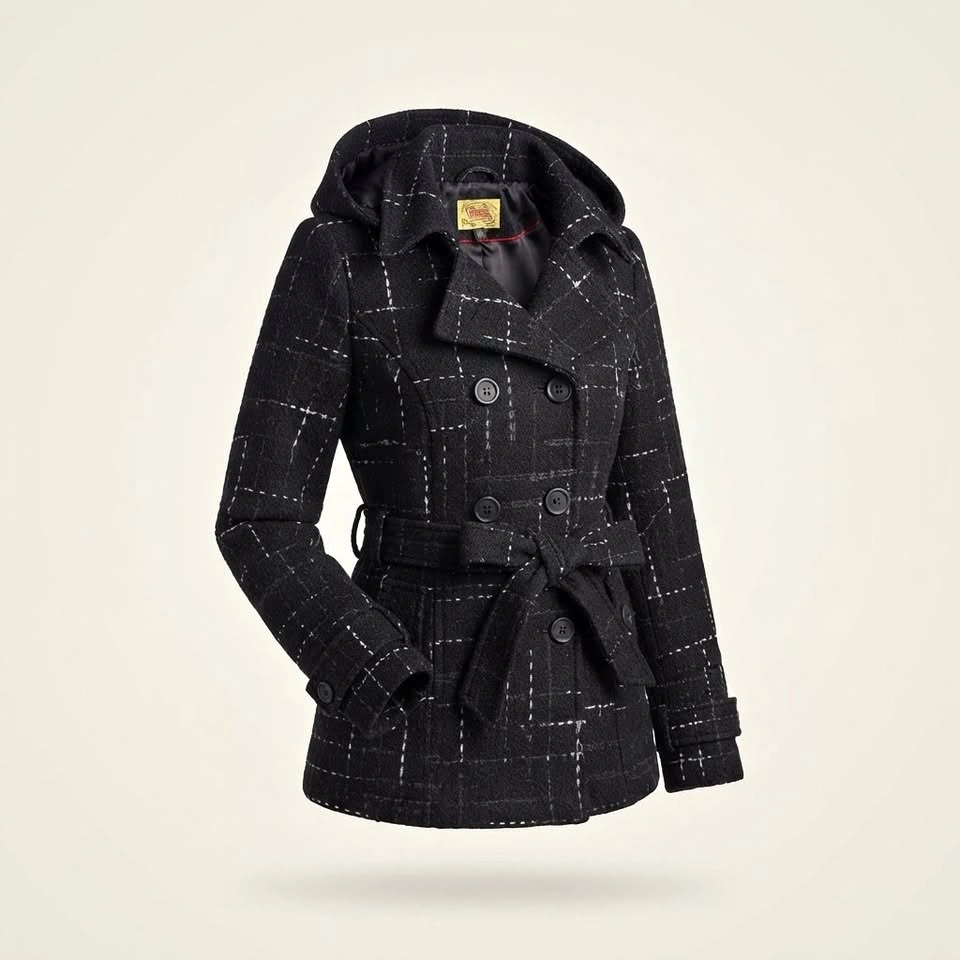 Maralyn & Me Black Plaid Hooded Peacoat, Size L
