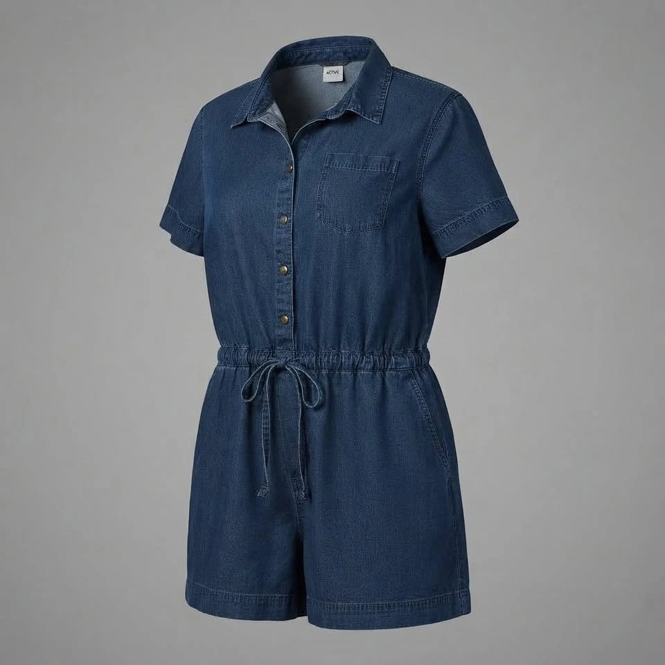 Aerie Blue Denim Romper Button Front Drawstring Waist XXL