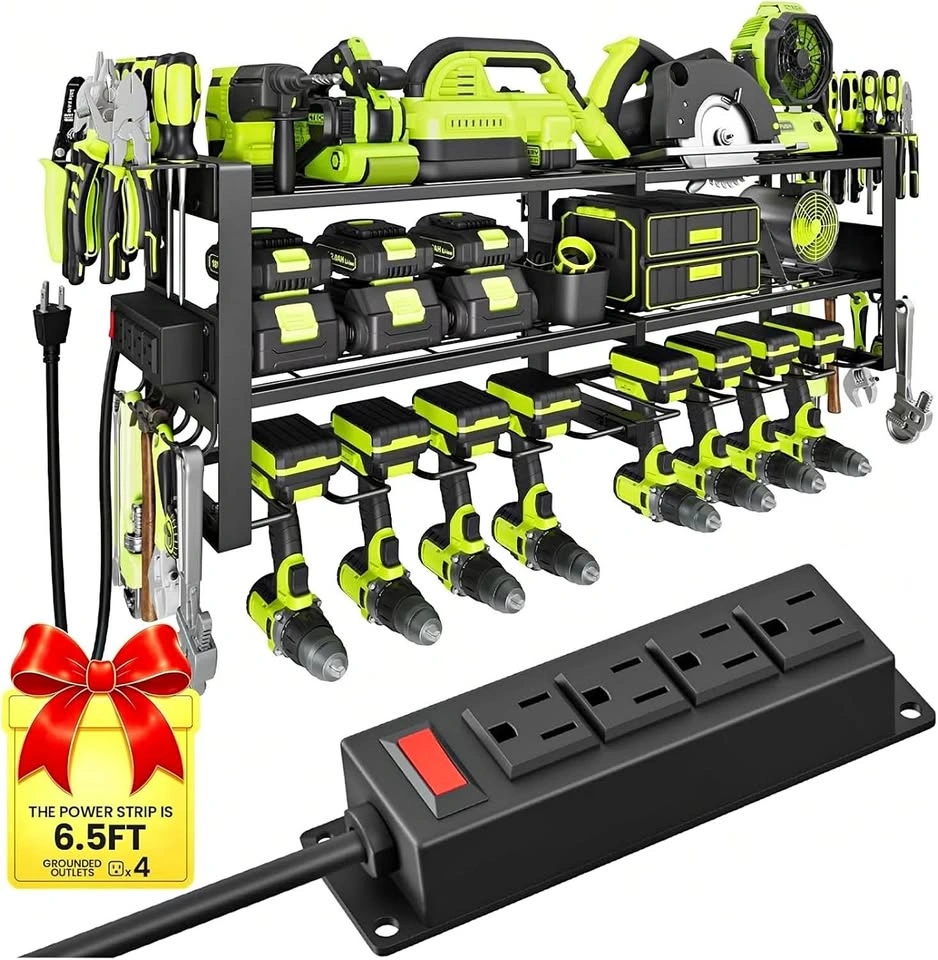 Garage Wall-Mounted Tool Rack with Built-in Power Strip