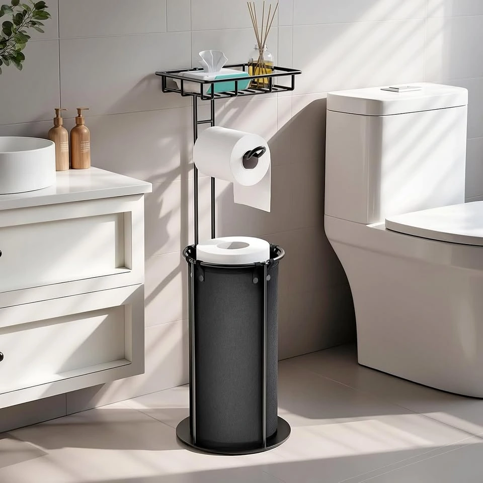 Free Standing Toilet Paper Holder - Black Metal