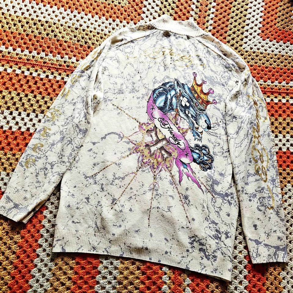 Mens XXL Y2K Ed Hardy Wool Blend Zip-Up Sweater Tattoo Art