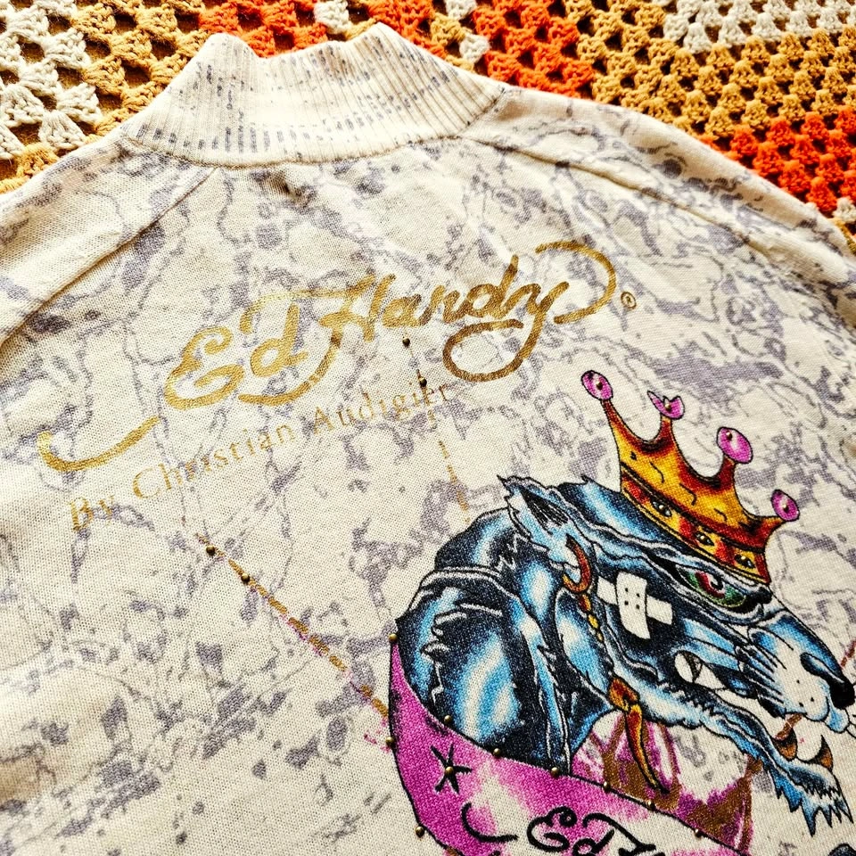 Mens XXL Y2K Ed Hardy Wool Blend Zip-Up Sweater Tattoo Art - photo 2