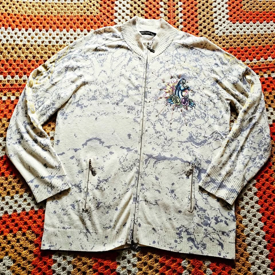 Mens XXL Y2K Ed Hardy Wool Blend Zip-Up Sweater Tattoo Art - photo 4