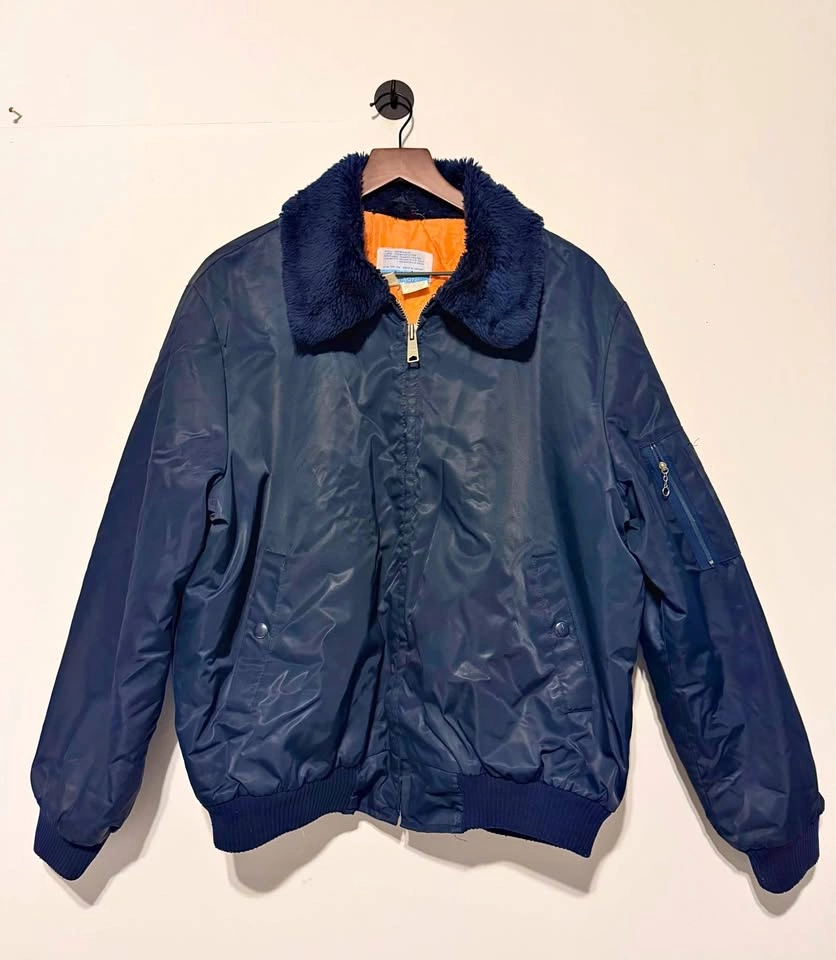 Vintage Navy Blue Bomber Jacket with Faux Fur Collar