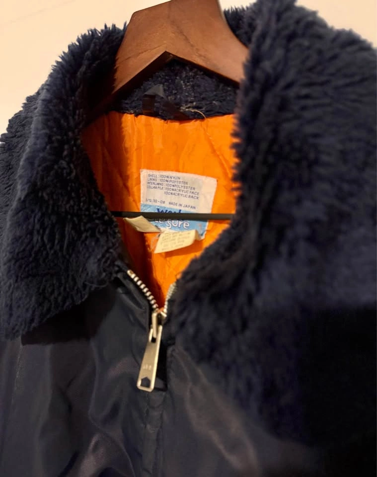 Vintage Navy Blue Bomber Jacket with Faux Fur Collar - photo 2