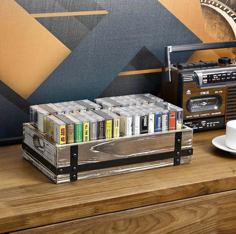 Rustic Wooden Cassette Tape Storage Crate