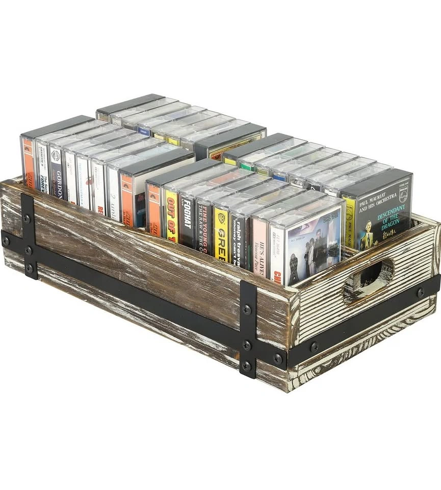 Rustic Wooden Cassette Tape Storage Crate - photo 2