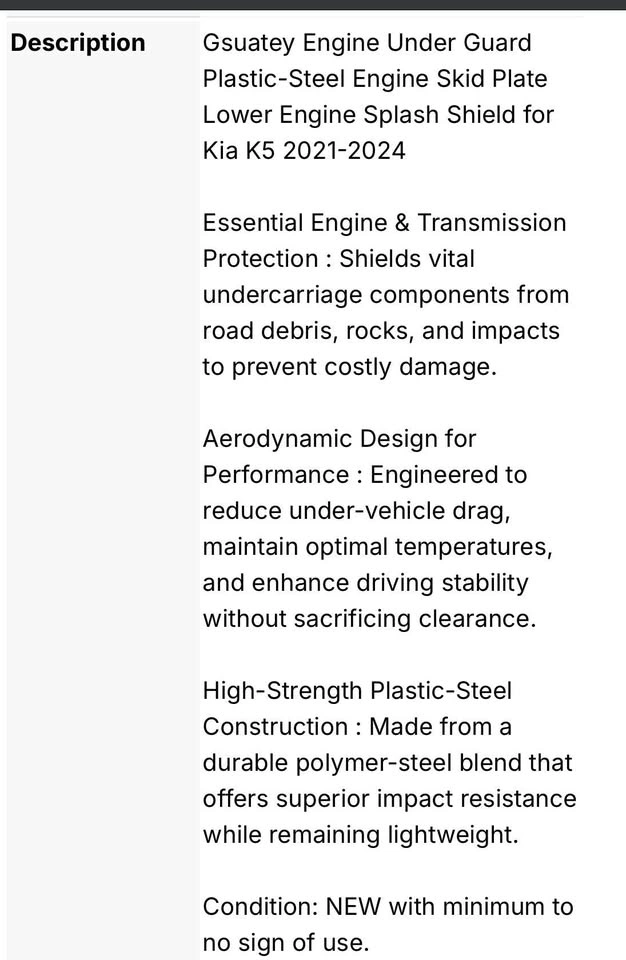 Gsuatey Engine Under Guard Splash Shield for Kia K5 - photo 3