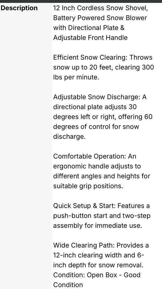 STEELITE 20V 12" Cordless Snow Shovel DY890-1 - photo 4