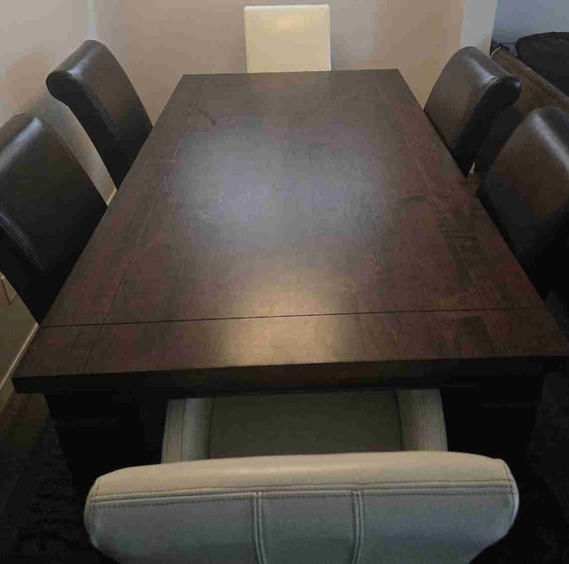 7-Piece Solid Wood Dining Table Set w/ 6 Leather Chairs 6x3.5ft