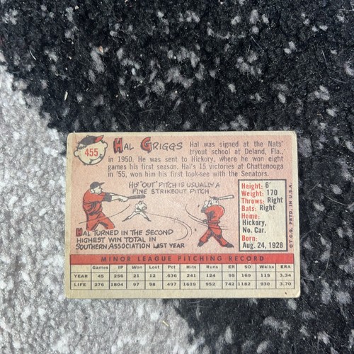 1958 Topps # 455 Hal Griggs Card Washington Senators - photo 2