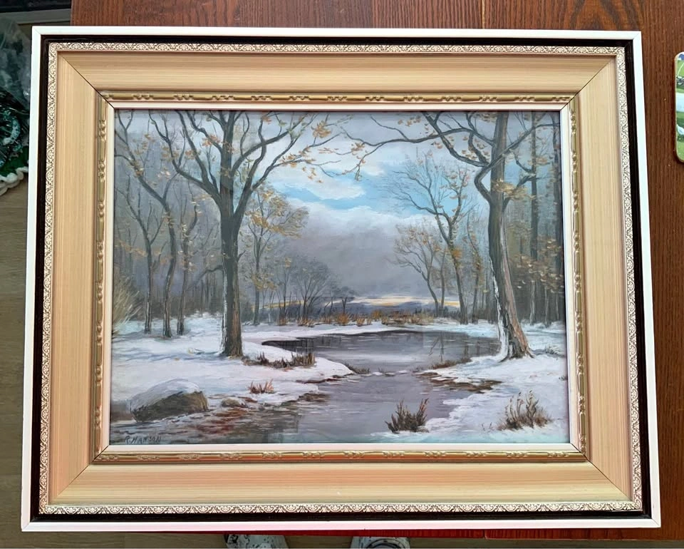 Vintage Mid-Century Winter Landscape Painting, Professionally Fr