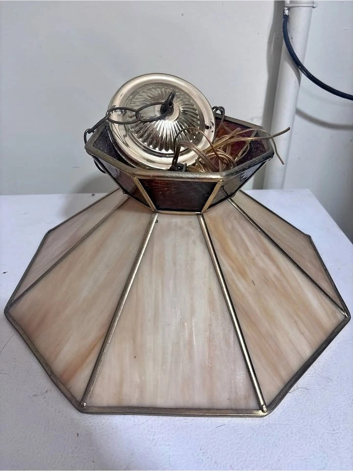 Vintage 1970s Tiffany Style Slag Glass Hanging Swag Lamp