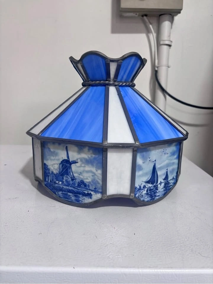 Vintage Tiffany style blue white stained glass Dutch windmill sa