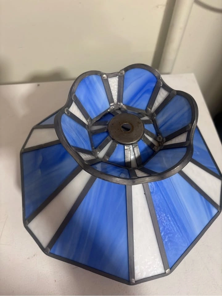 Vintage Tiffany style blue white stained glass Dutch windmill sa - photo 2