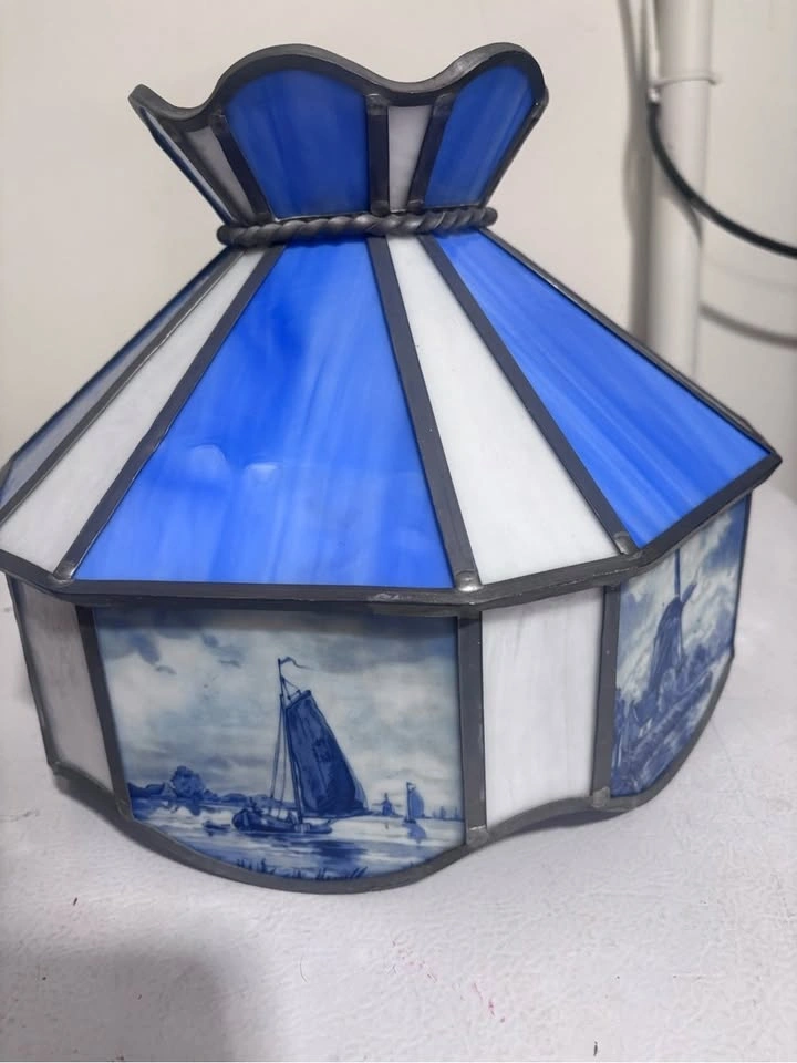 Vintage Tiffany style blue white stained glass Dutch windmill sa - photo 3