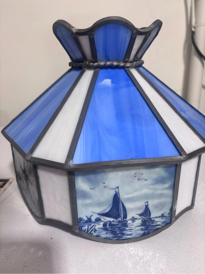 Vintage Tiffany style blue white stained glass Dutch windmill sa - photo 4