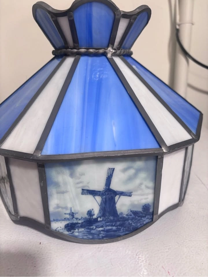 Vintage Tiffany style blue white stained glass Dutch windmill sa - photo 5
