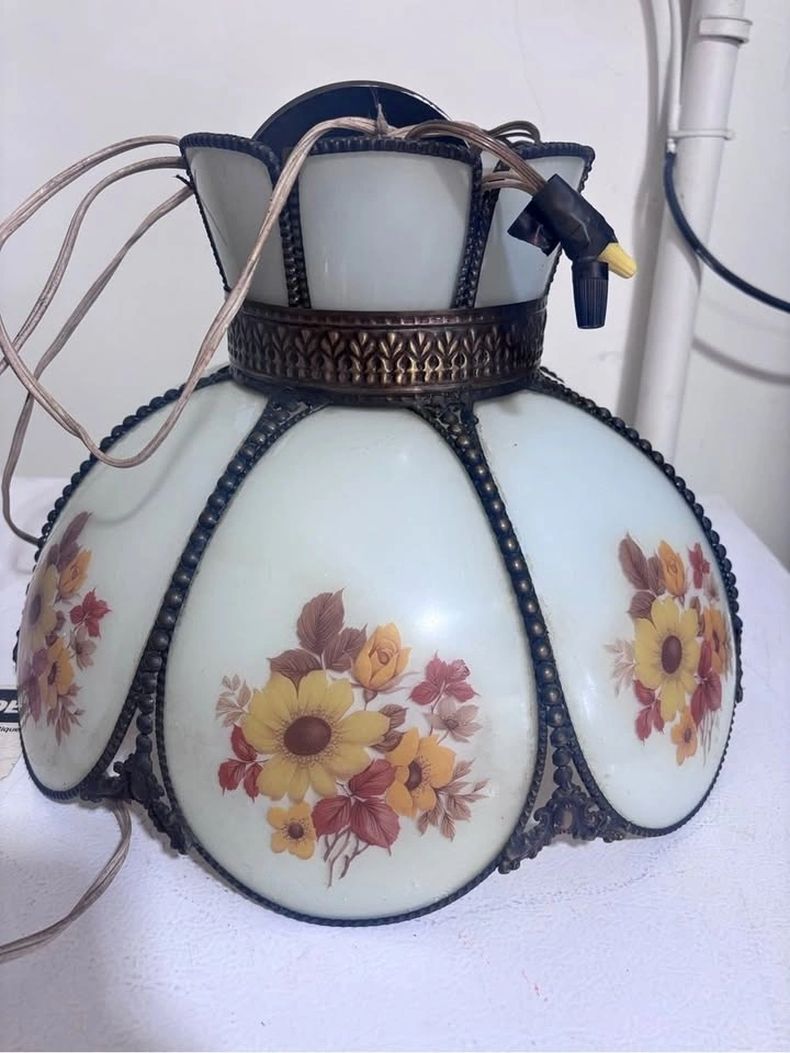 Vintage 1970s Floral Milk Glass Swag Hanging Lamp