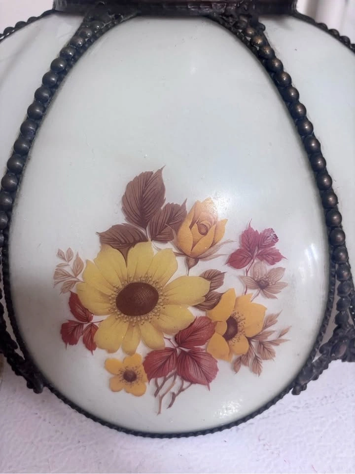 Vintage 1970s Floral Milk Glass Swag Hanging Lamp - photo 4