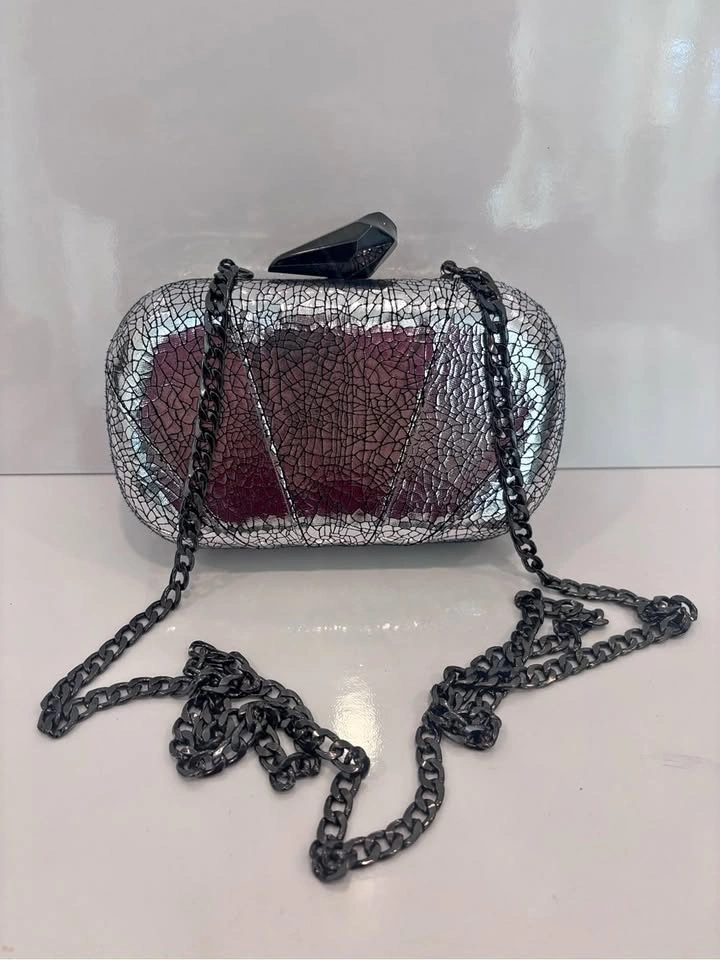 Silver Crackle Hard-Case Evening Clutch with Black Chain