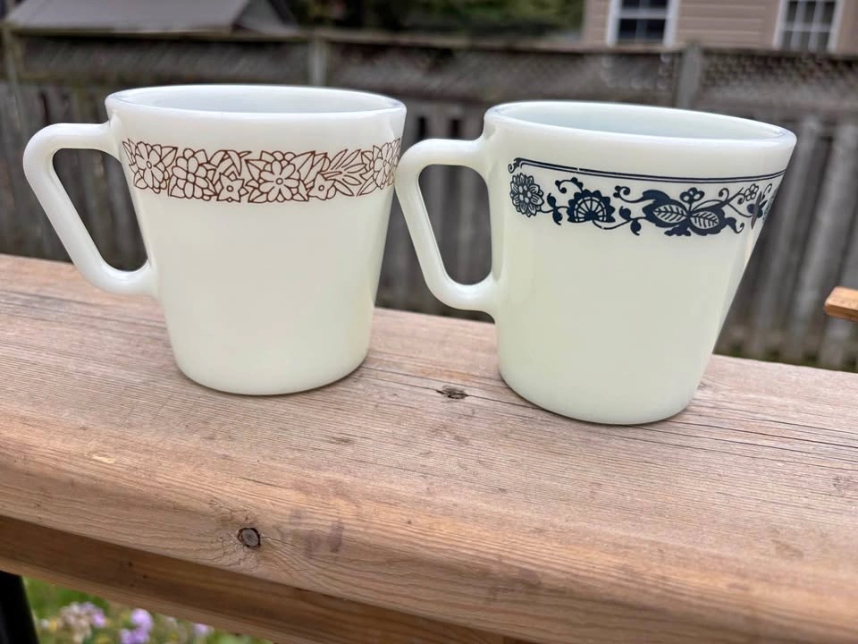 Vintage Pyrex Milk Glass Mugs - Old Town Blue & Butterfly Gold