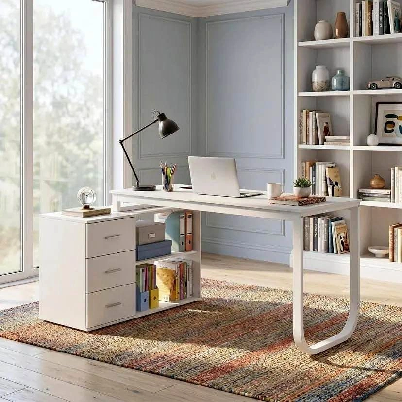 L-Shaped White office Desk with Adjustable Shelves & 3 Drawers
