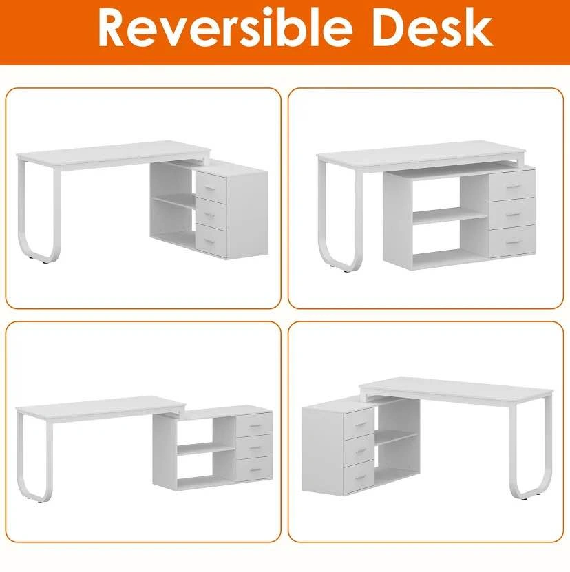 L-Shaped White office Desk with Adjustable Shelves & 3 Drawers - photo 2