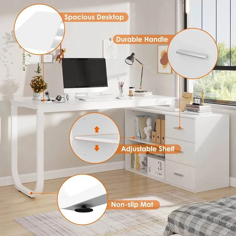 L-Shaped White office Desk with Adjustable Shelves & 3 Drawers - photo 3