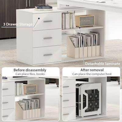 L-Shaped White office Desk with Adjustable Shelves & 3 Drawers - photo 5