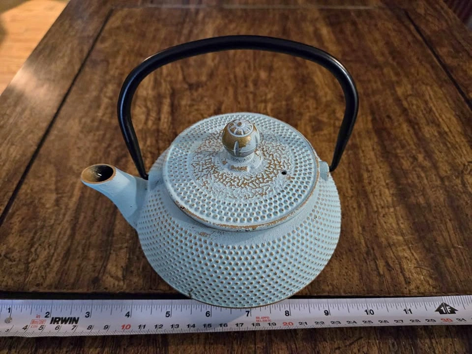 Light Blue Cast Iron Hobnail Teapot with Mesh Strainer