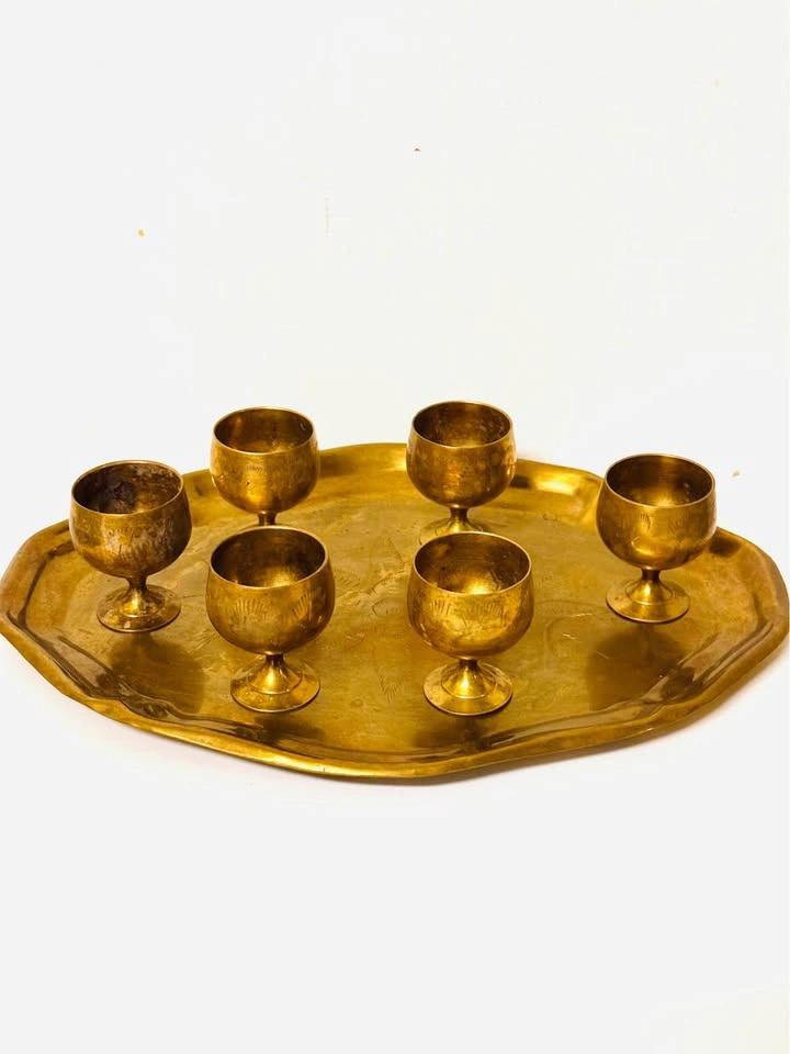 Vintage Brass Goblet Set with Tray - photo 2