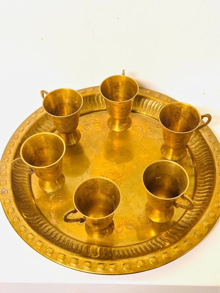 Vintage Brass Tea Set with 6 Cups and Tray