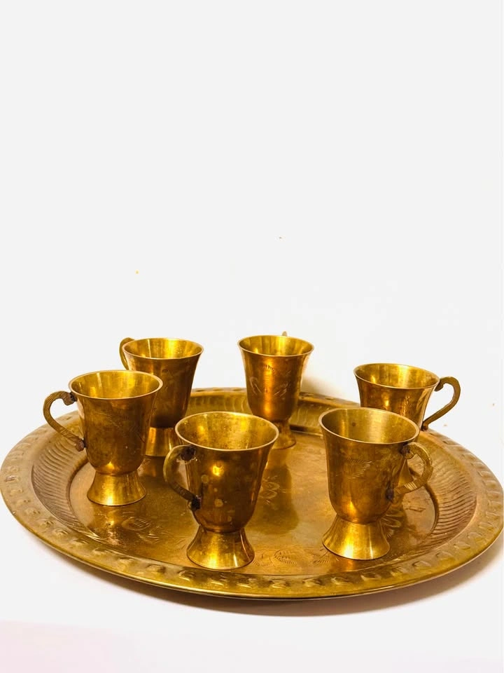 Vintage Brass Tea Set with 6 Cups and Tray - photo 2