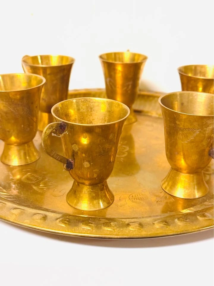 Vintage Brass Tea Set with 6 Cups and Tray - photo 3