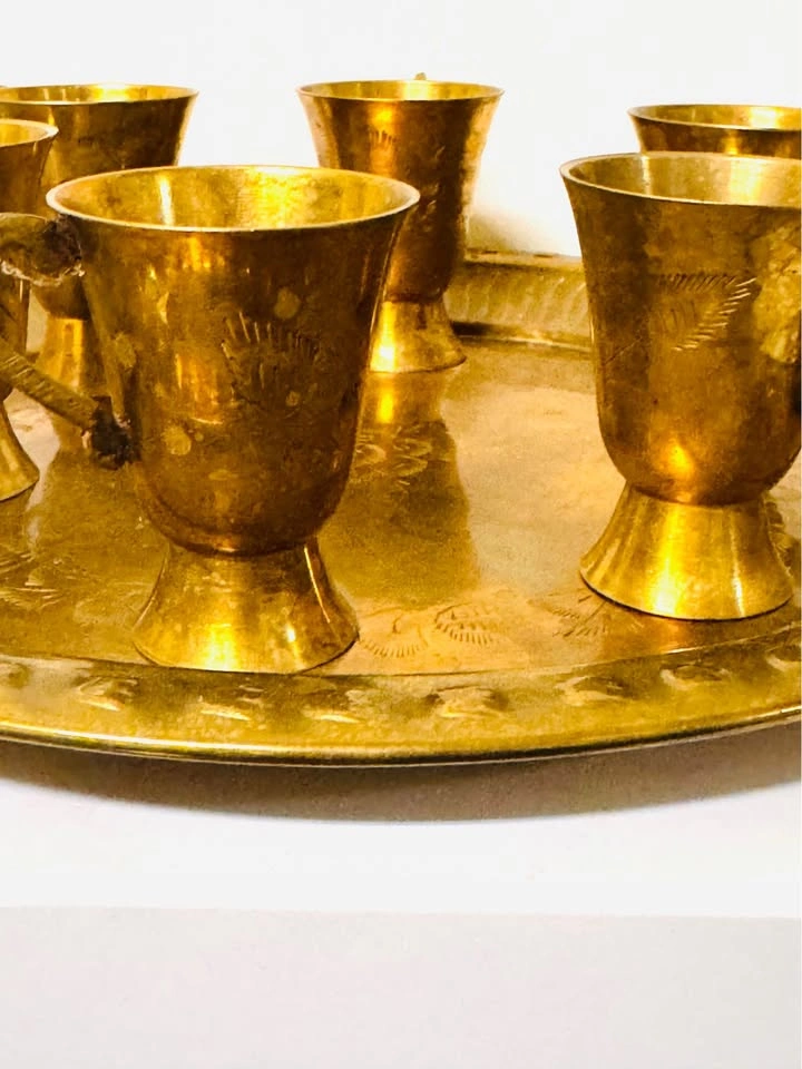 Vintage Brass Tea Set with 6 Cups and Tray - photo 4