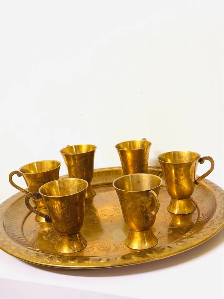 Vintage Brass Tea Set with 6 Cups and Tray - photo 5