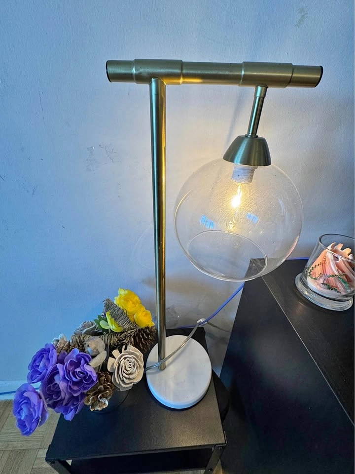 Modern Brass and Marble Table Lamp with Clear Glass Globe