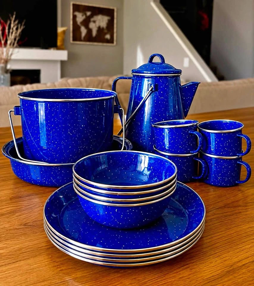 Blue Speckled Enamelware Camping Dinnerware and Cookware Set